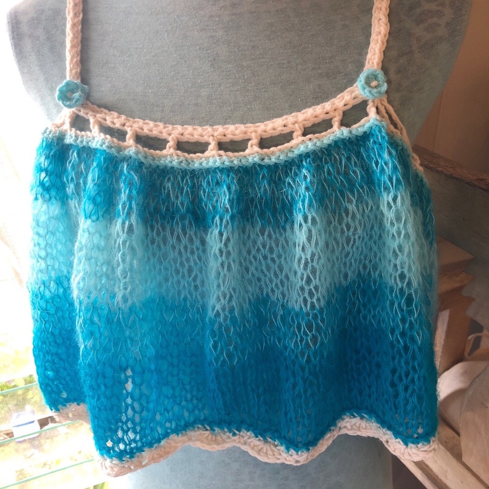 Handmade Ombre Blue Crochet Knit Crop Top with Cream Trim